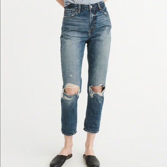 Abercrombie‎ & Fitch Girlfriend Jeans Womens Size 25/0 Blue High Rise Distressed - Picture 1 of 11